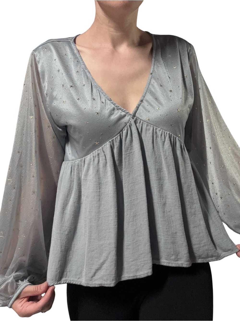 Umgee | Blue Star Embellished Flowy Babydoll Long Sleeve Blouse